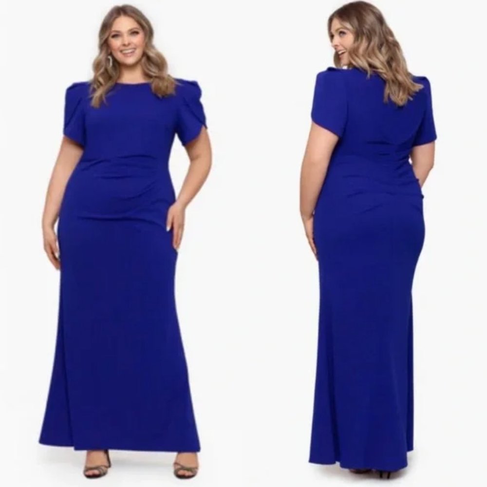 NWT XSCAPE Long Scuba Crepe Tulip-Sleeve Gathered-Waist Dress size 22W